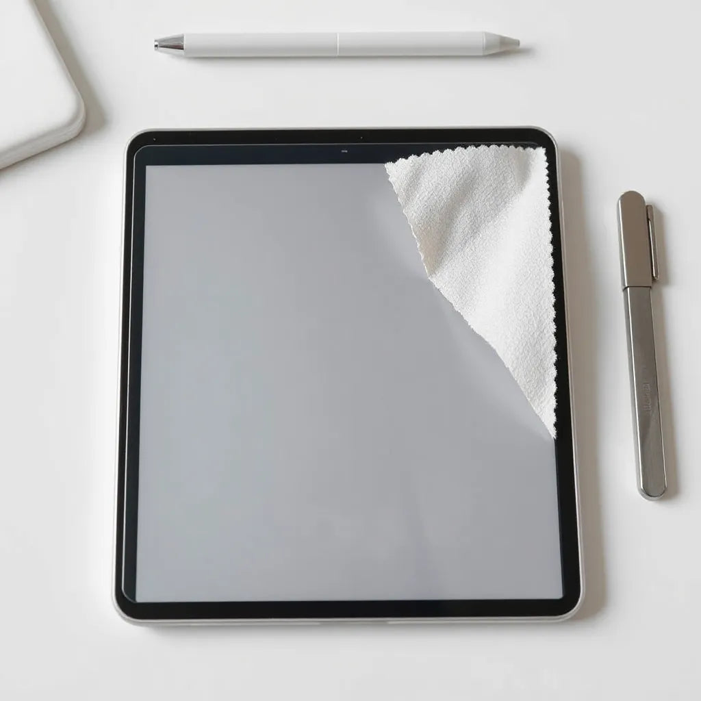 iPad screen protector being aligned on an iPad with a microfiber cloth and smoothing tool nearby