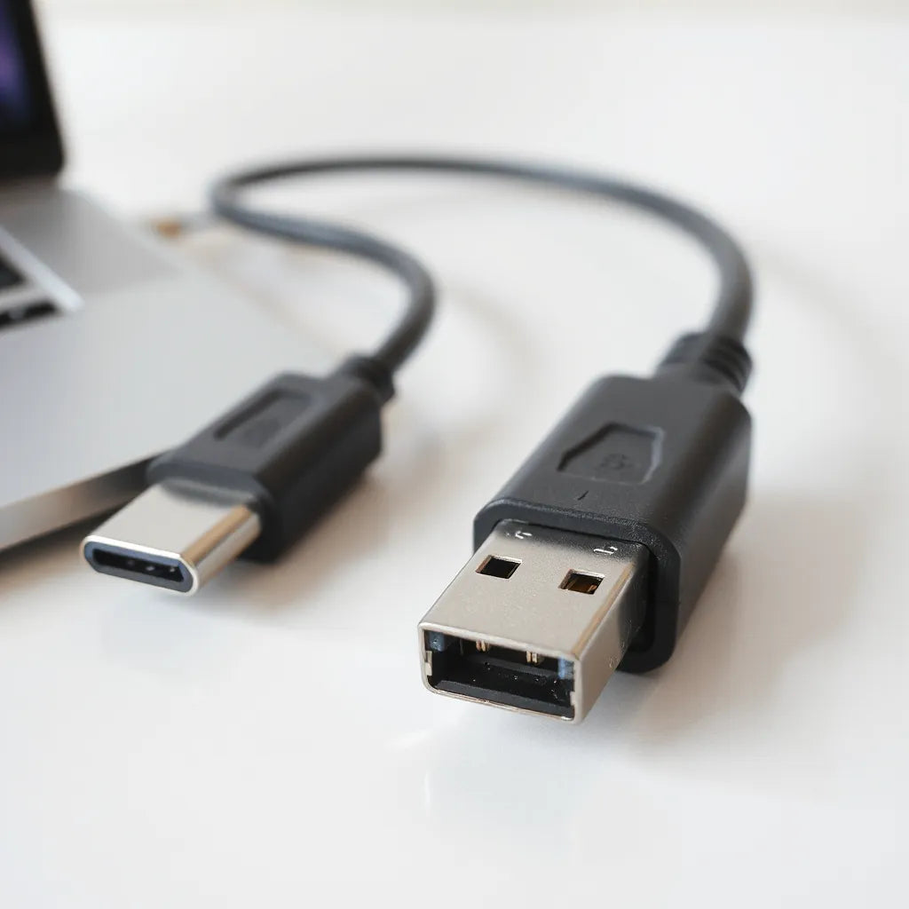 USB-C to USB-A connector cable with both plug ends clearly visible on a clean desk