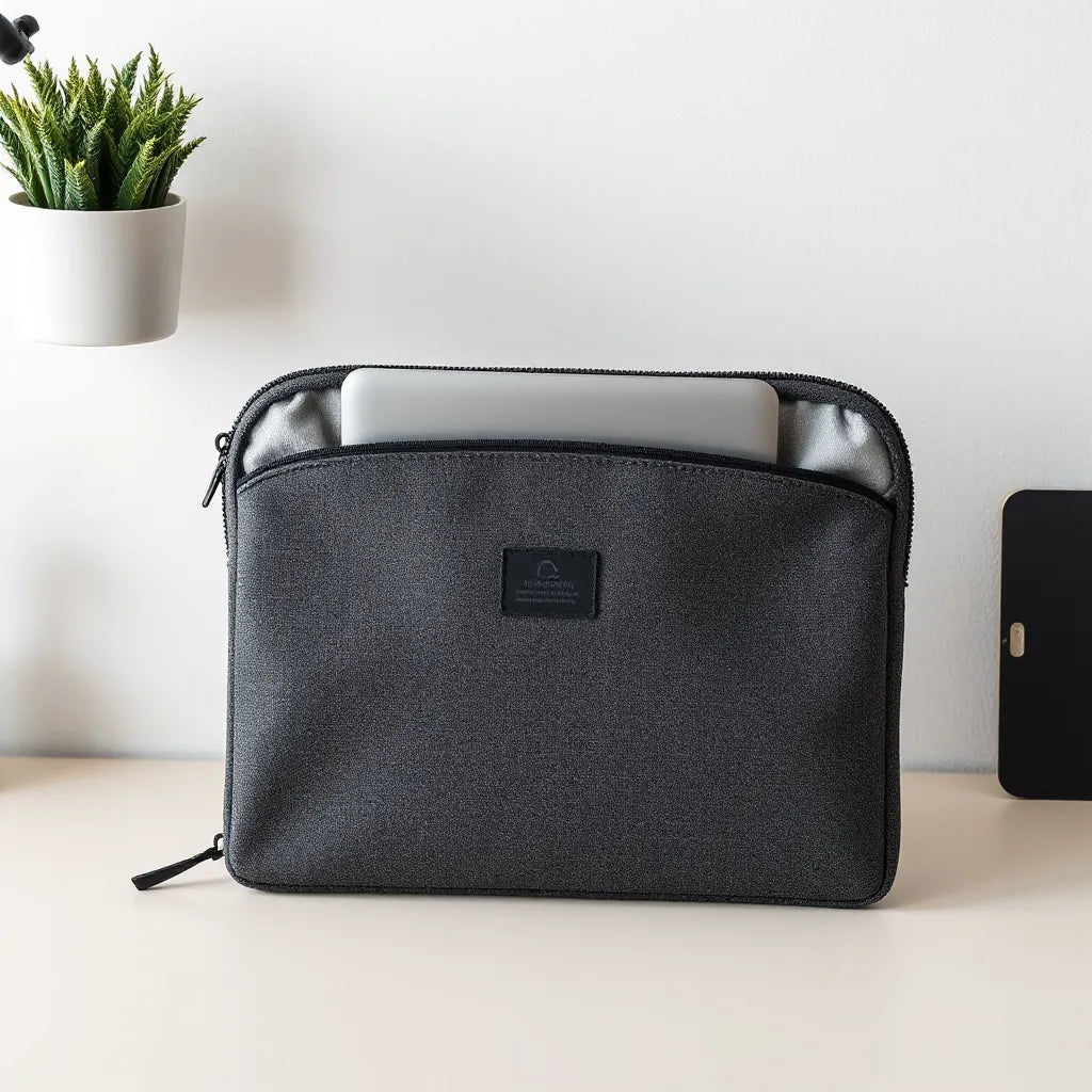 Shock-resistant laptop sleeve with visible padded protection and a laptop partially inserted on a neutral desk