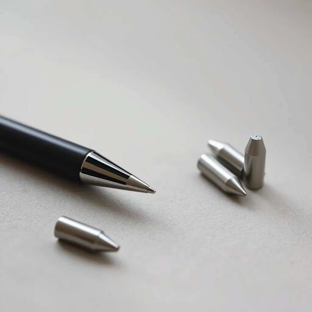 Interchangeable metal tips for a stylus arranged neatly on a clean surface