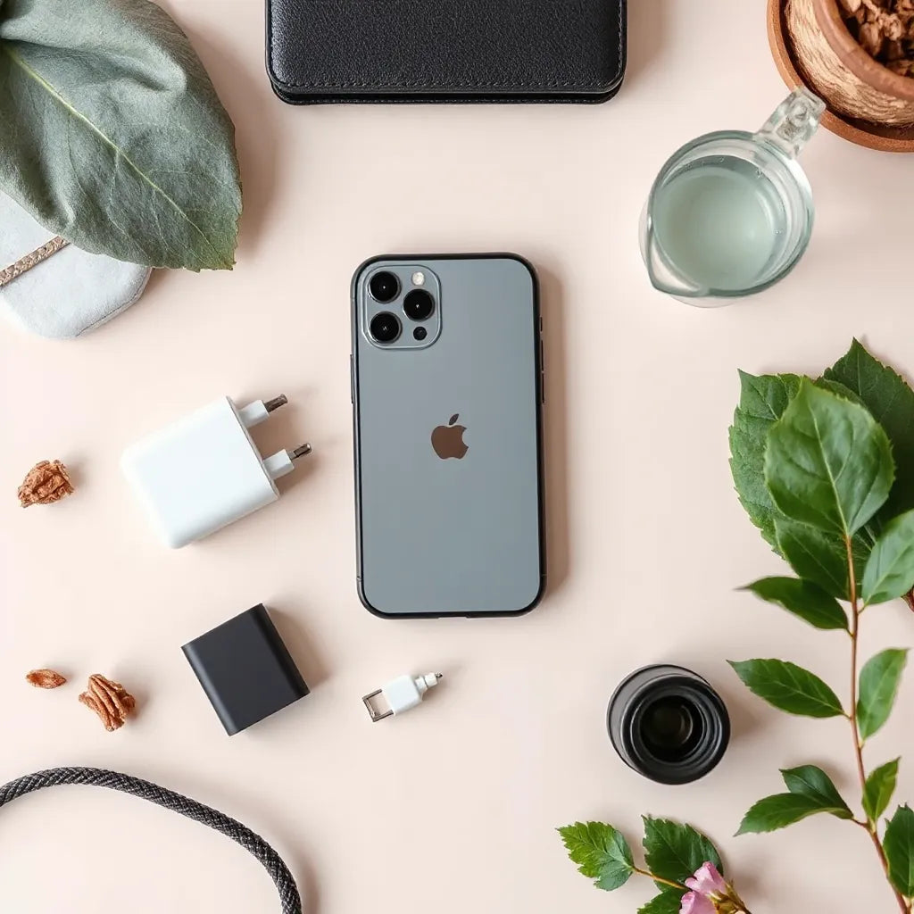 iPhone 14 Pro with case, screen protector, fast charger, and charging cable on a neutral background