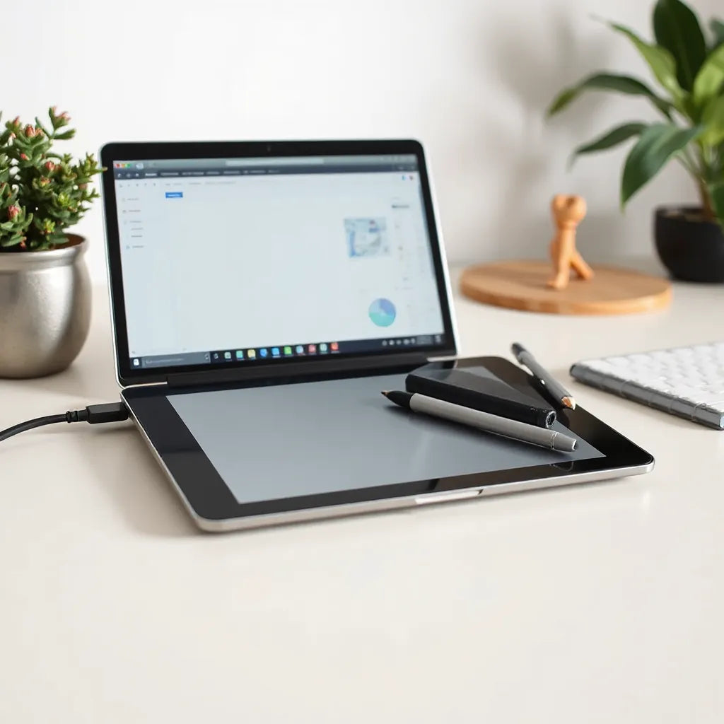 Digital drawing tablet with stylus on a desk beside a laptop showing a blank art workspace