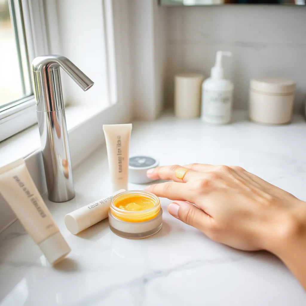 Hydrating lip balms on a vanity with soft natural light and a hand swatch showing smooth balm texture