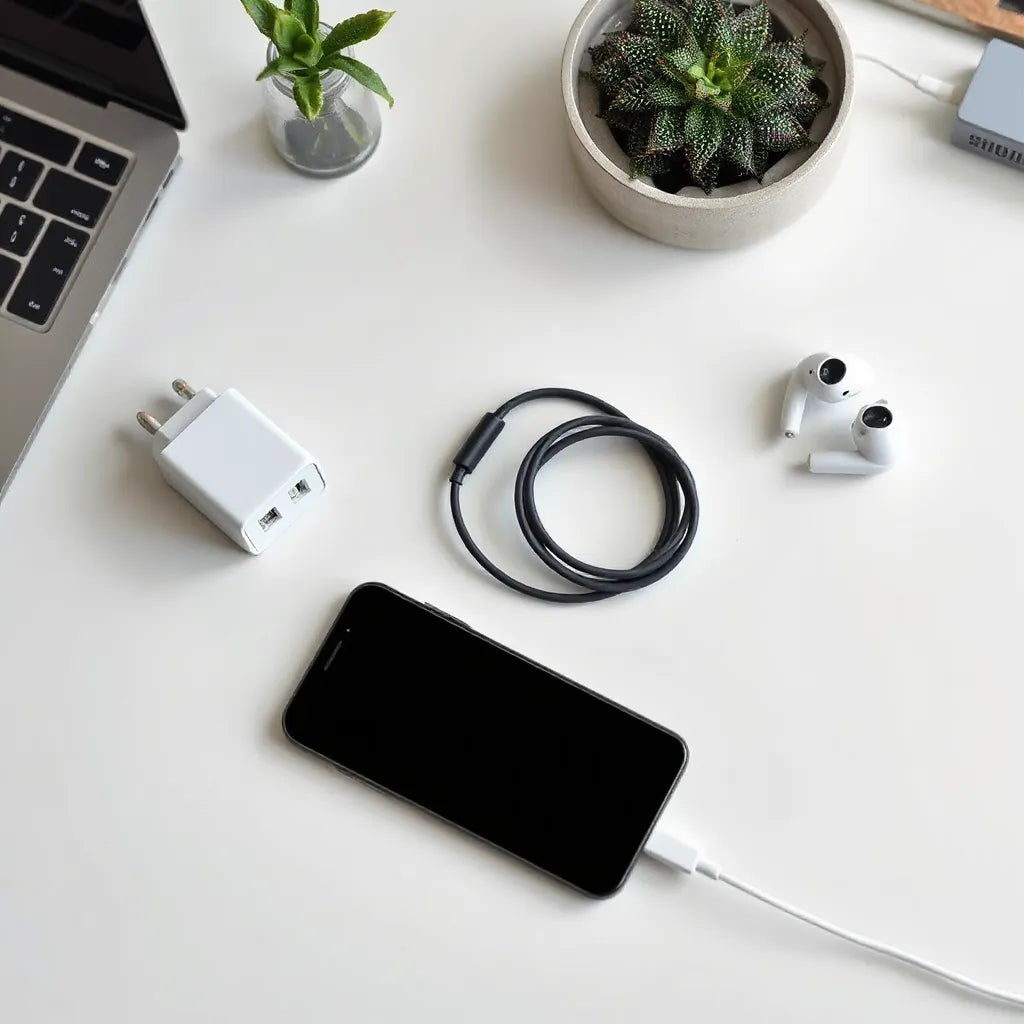 Compact multi-port charger with neatly arranged charging cables beside a phone and earbuds on a clean desk