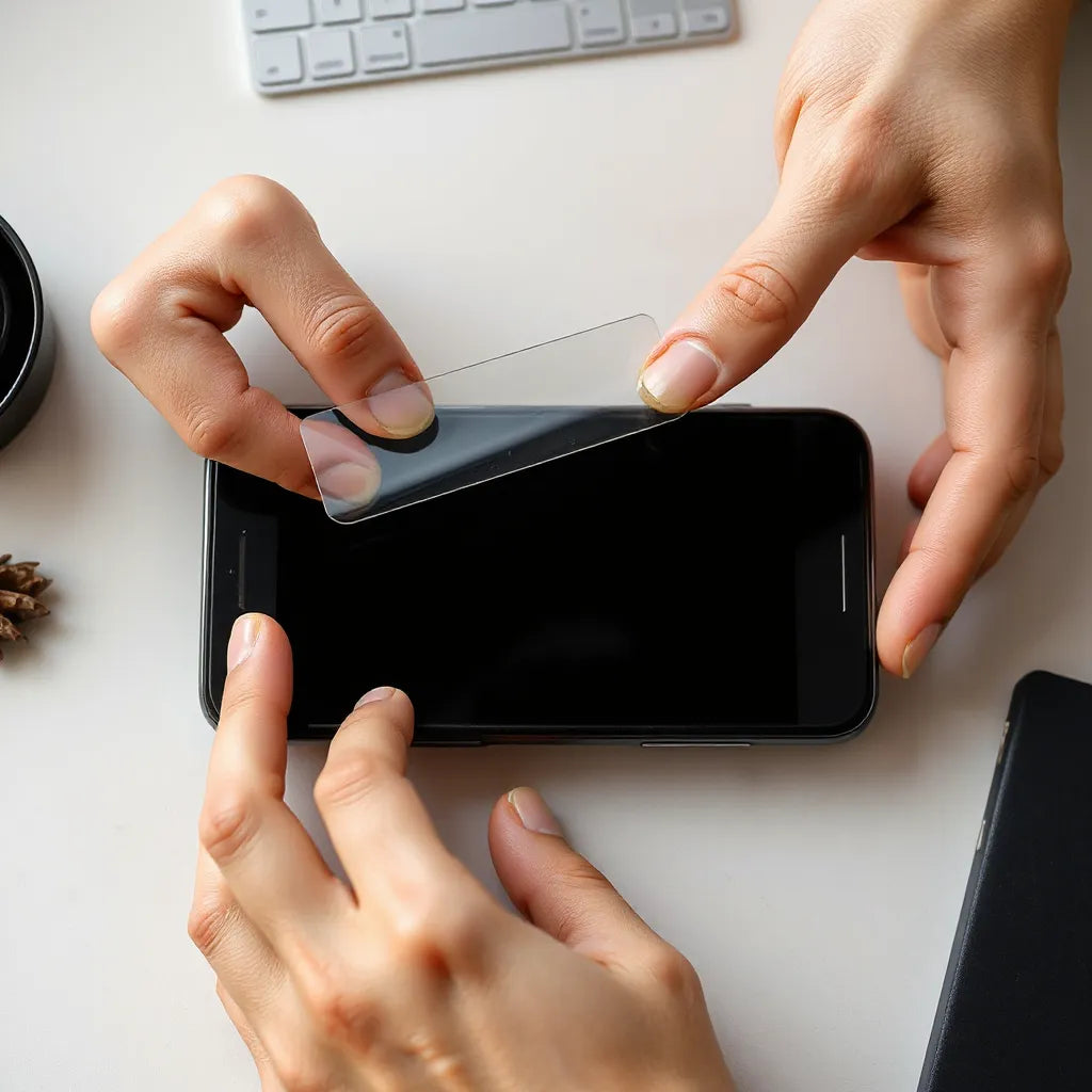 Hands aligning a clear anti-glare screen protector on a smartphone screen with reduced reflections.