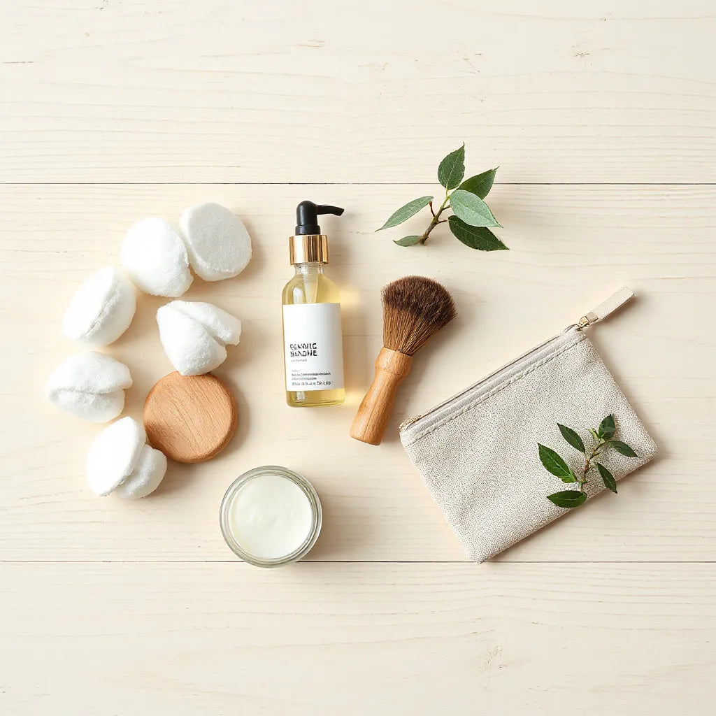 Reusable beauty items and refillable skincare products arranged on a light wooden vanity with plants