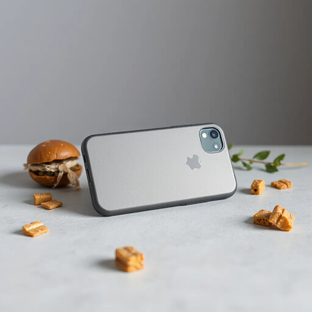 Smartphone in a protective case with visible side cutouts and textured finish on a clean studio surface