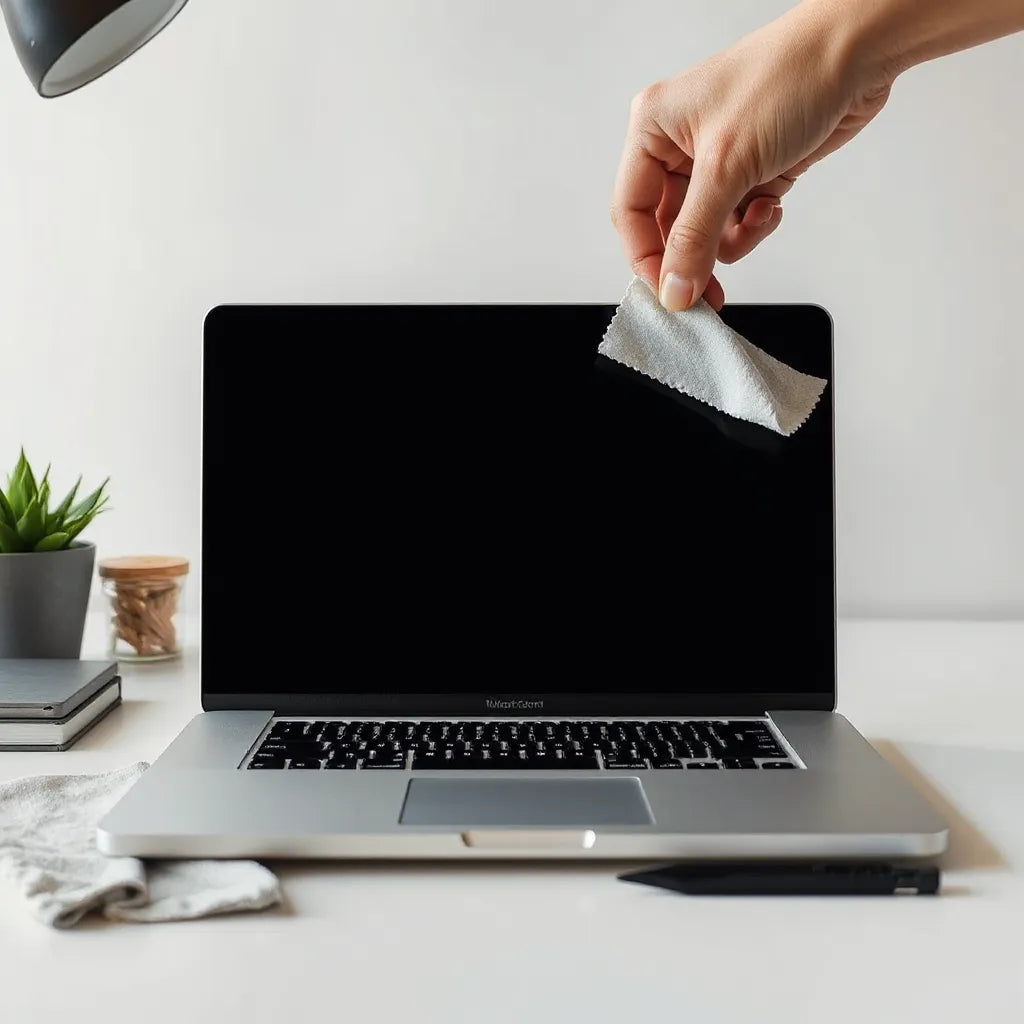 Screen protector being aligned on a MacBook display with a microfiber cloth and squeegee on a clean desk