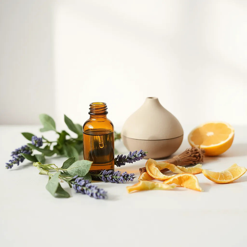 Essential oil bottles and a diffuser beside fresh lavender and eucalyptus on a clean tabletop