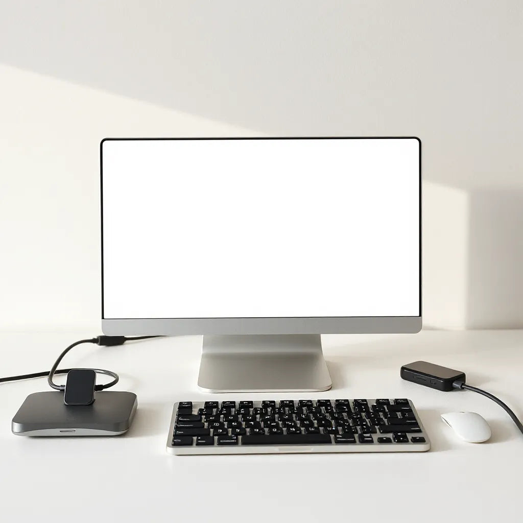 Open MacBook on a stand with keyboard, docking hub, and neatly arranged accessories on a desk
