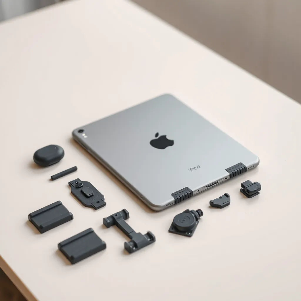 An iPad with modular case components arranged beside it for a customizable protective setup