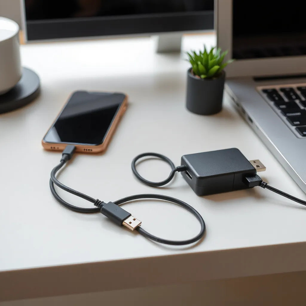 USB-C cables connected to a phone and laptop on a clean desk with a power adapter nearby