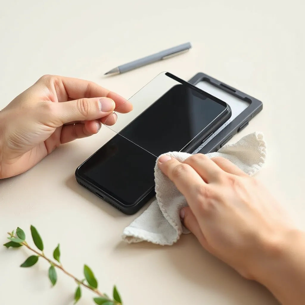 Hands aligning a transparent screen protector on a smartphone with a microfiber cloth nearby
