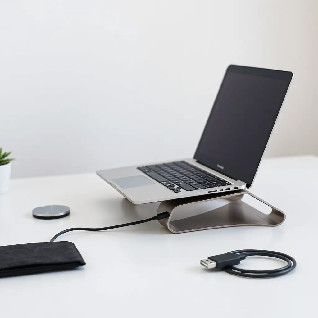 MacBook Air M4 with USB-C hub, laptop stand, charging cable, and protective sleeve on a tidy desk