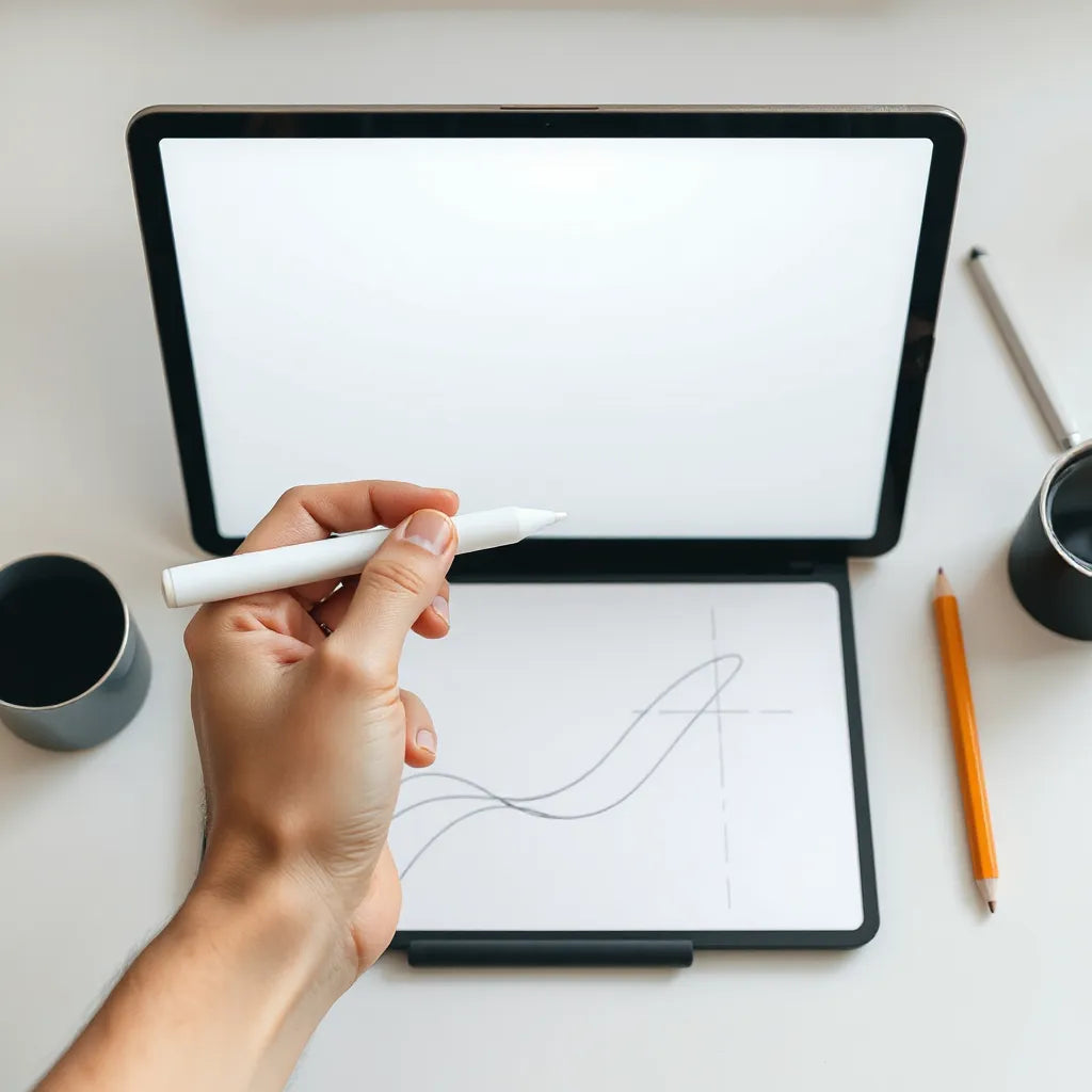 Apple Pencil tip hovering over a tablet screen with sharp, clean digital lines