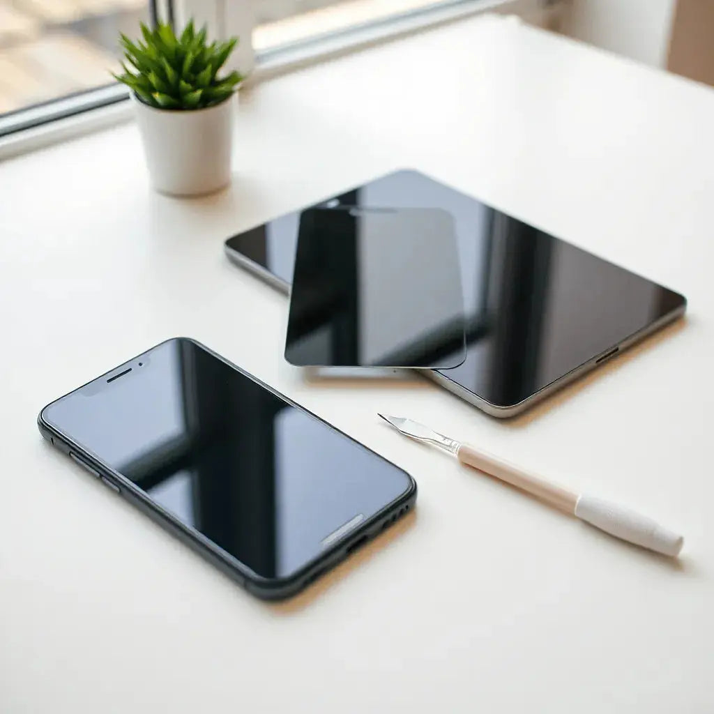 Smartphone and tablet on a clean desk with reduced glare screen protector and microfiber cloth nearby