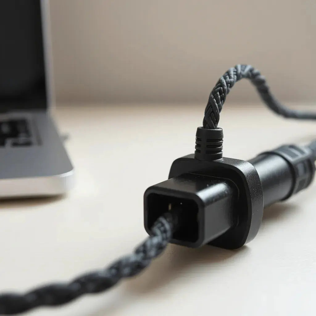 Braided nylon charging cable with visible woven texture and connector on a clean desk
