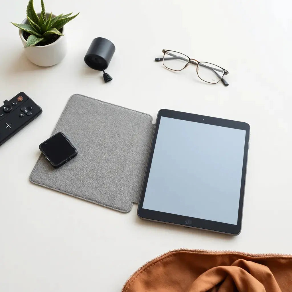 Custom-fit iPad cover with accurate cutouts beside an iPad on a neutral background