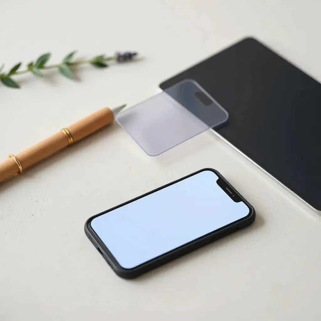 Smartphone and tablet on a clean surface with a protective case and applied screen protector