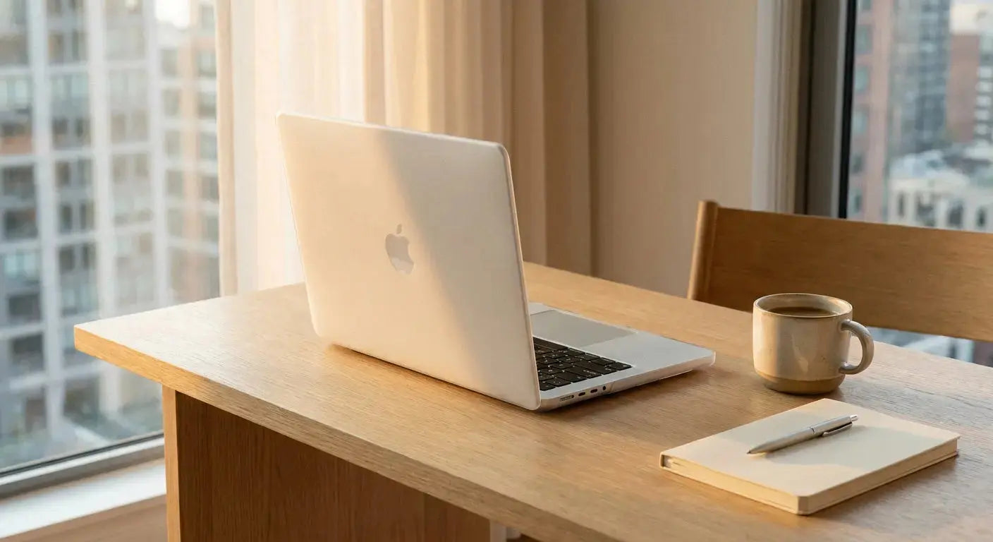 A silver MacBook in a frosted hardshell case resting on a minimalist oak desk beside a notebook and coffee mug in warm natural light.