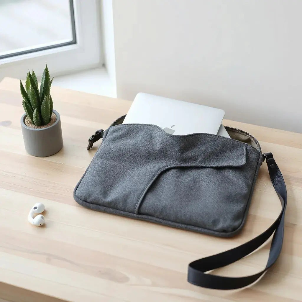 Slim laptop sleeve with a MacBook partially inside on a clean desk, showing soft fabric texture
