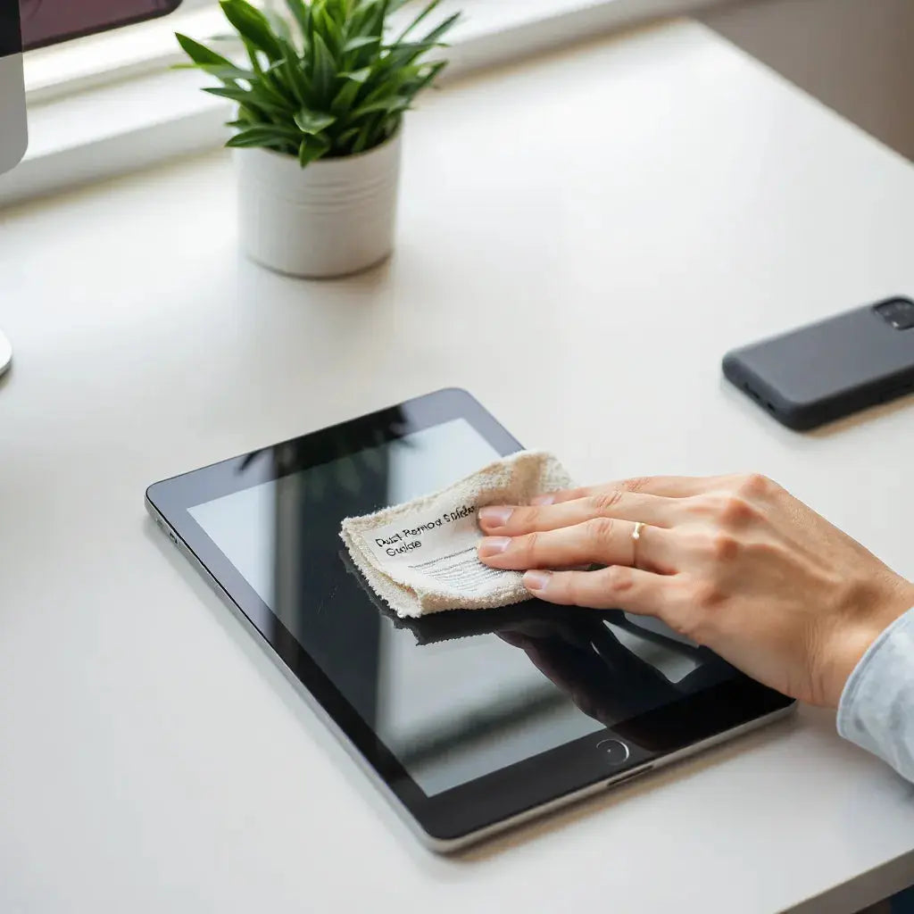 Tablet screen protector being applied with a microfiber cloth on a clean desk