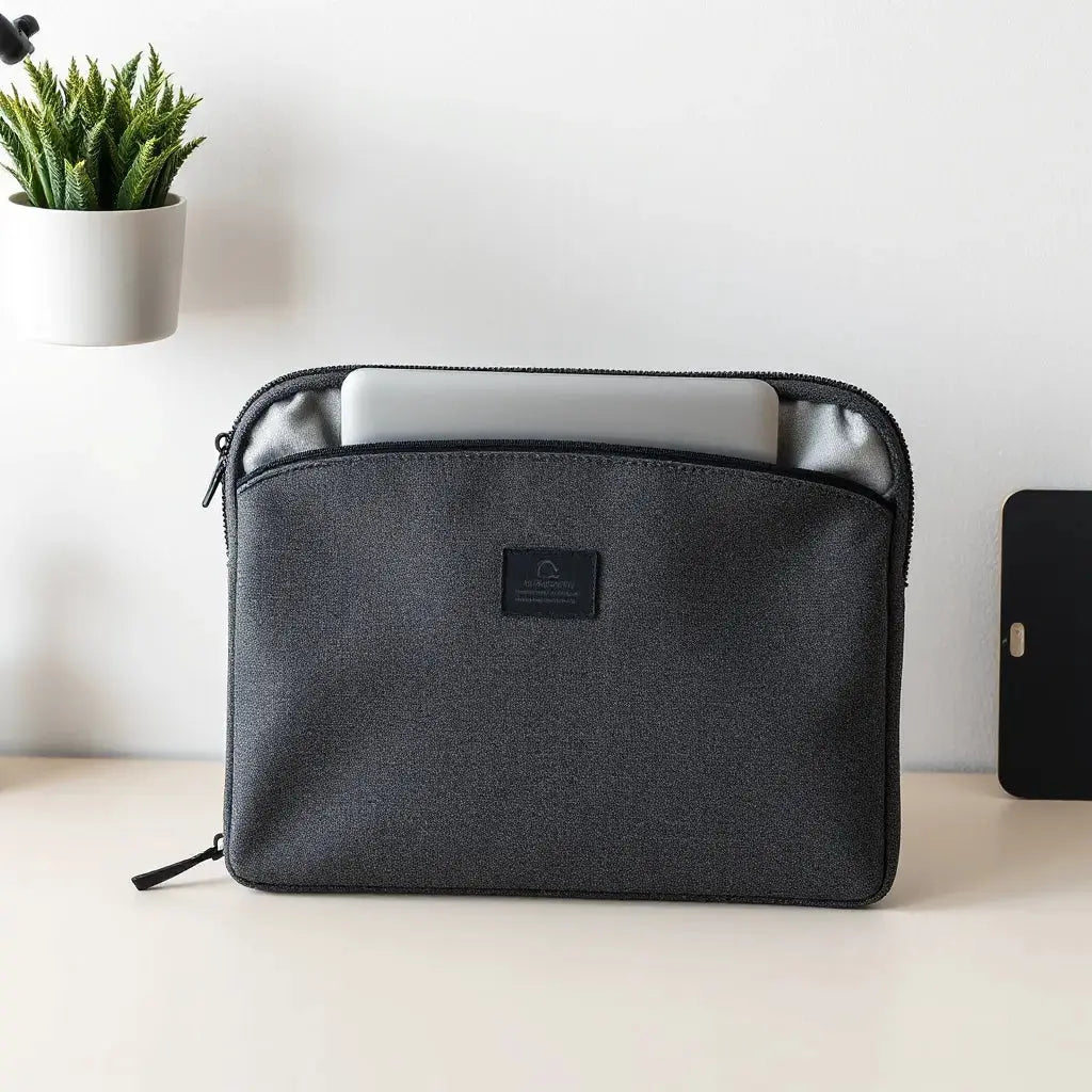 Shock-resistant laptop sleeve with visible padded protection and a laptop partially inserted on a neutral desk