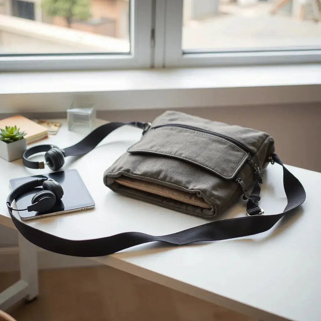 Tablet shoulder bag with padded interior next to a tablet on a clean desk