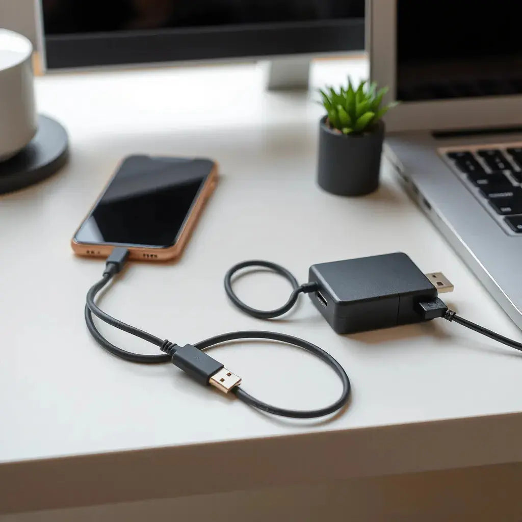USB-C cables connected to a phone and laptop on a clean desk with a power adapter nearby