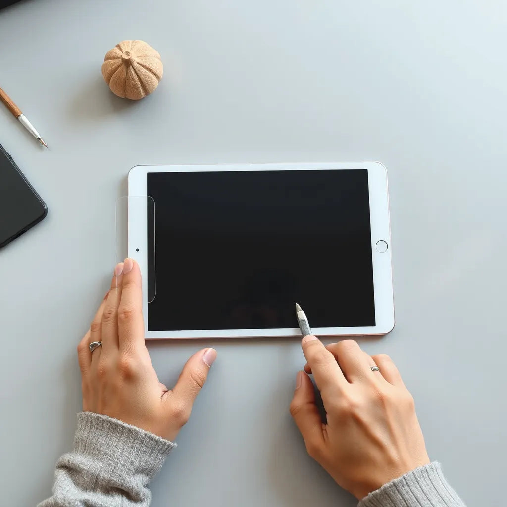 Hands aligning a transparent iPad screen guard on a tablet screen with a microfiber cloth nearby