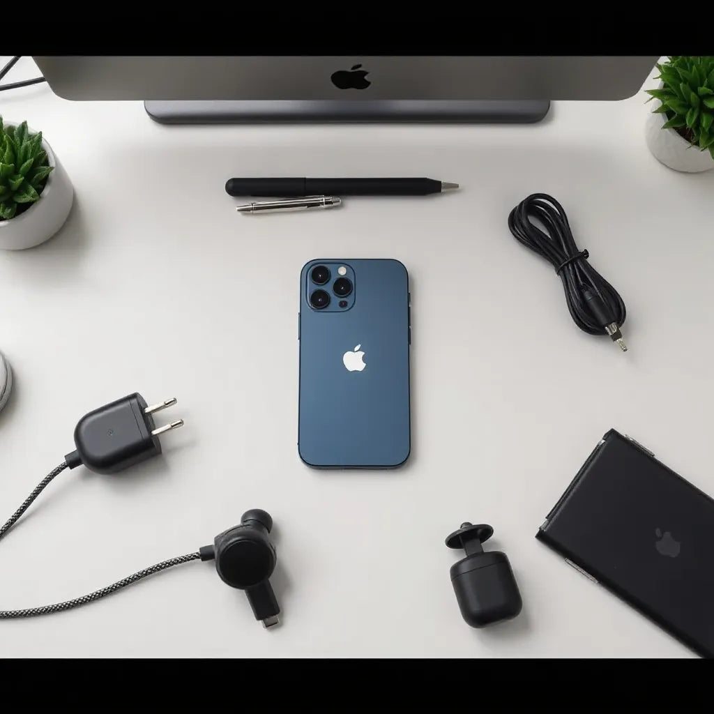 iPhone 13 Pro with essential accessories like case, charger, cable, earbuds, and car mount on a desk