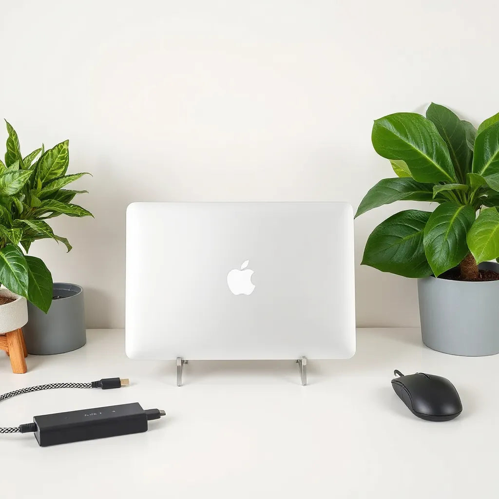MacBook Air M1 with a laptop sleeve, USB-C hub, stand, charger cable, and wireless mouse on a desk