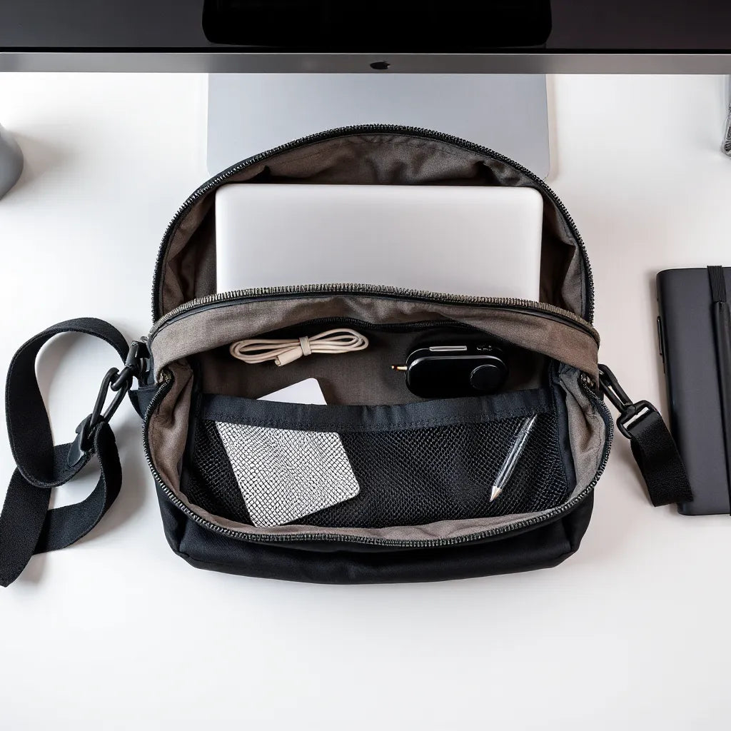 Modern laptop bag with a padded compartment holding a slim laptop and neatly organized accessories
