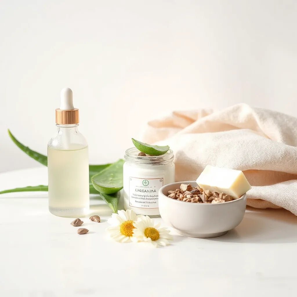 Assorted organic skincare bottles and jars with natural ingredients on a clean counter