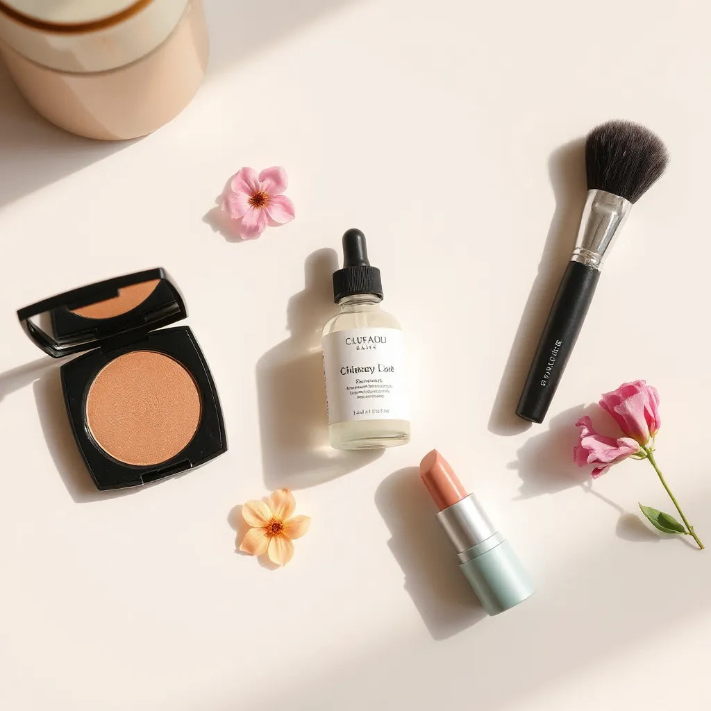 Neatly arranged cruelty-free skincare and makeup products on a bright, minimal vanity with a soft natural accent