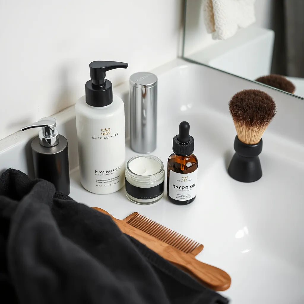 Men’s grooming essentials arranged neatly on a bathroom vanity with cleanser, moisturizer, beard oil, and shaving tools.