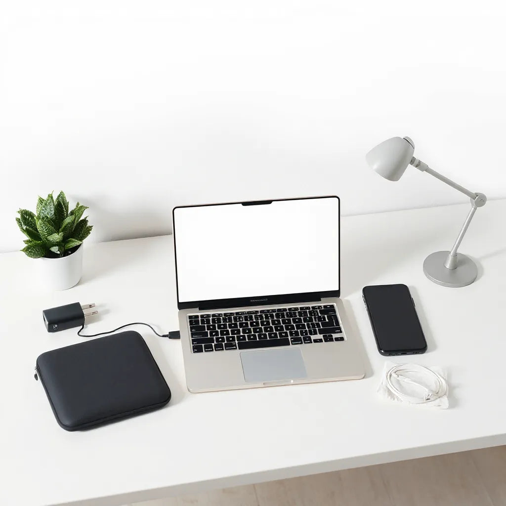 MacBook Air M4 with neatly arranged protective accessories like a case, charger, hub, and screen cloth