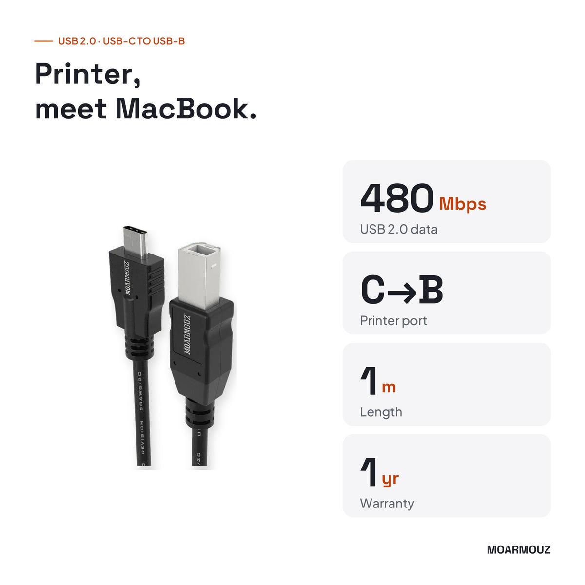 USB 3.1 Type-C to USB-B (2.0) Cable: key specifications — Moarmouz