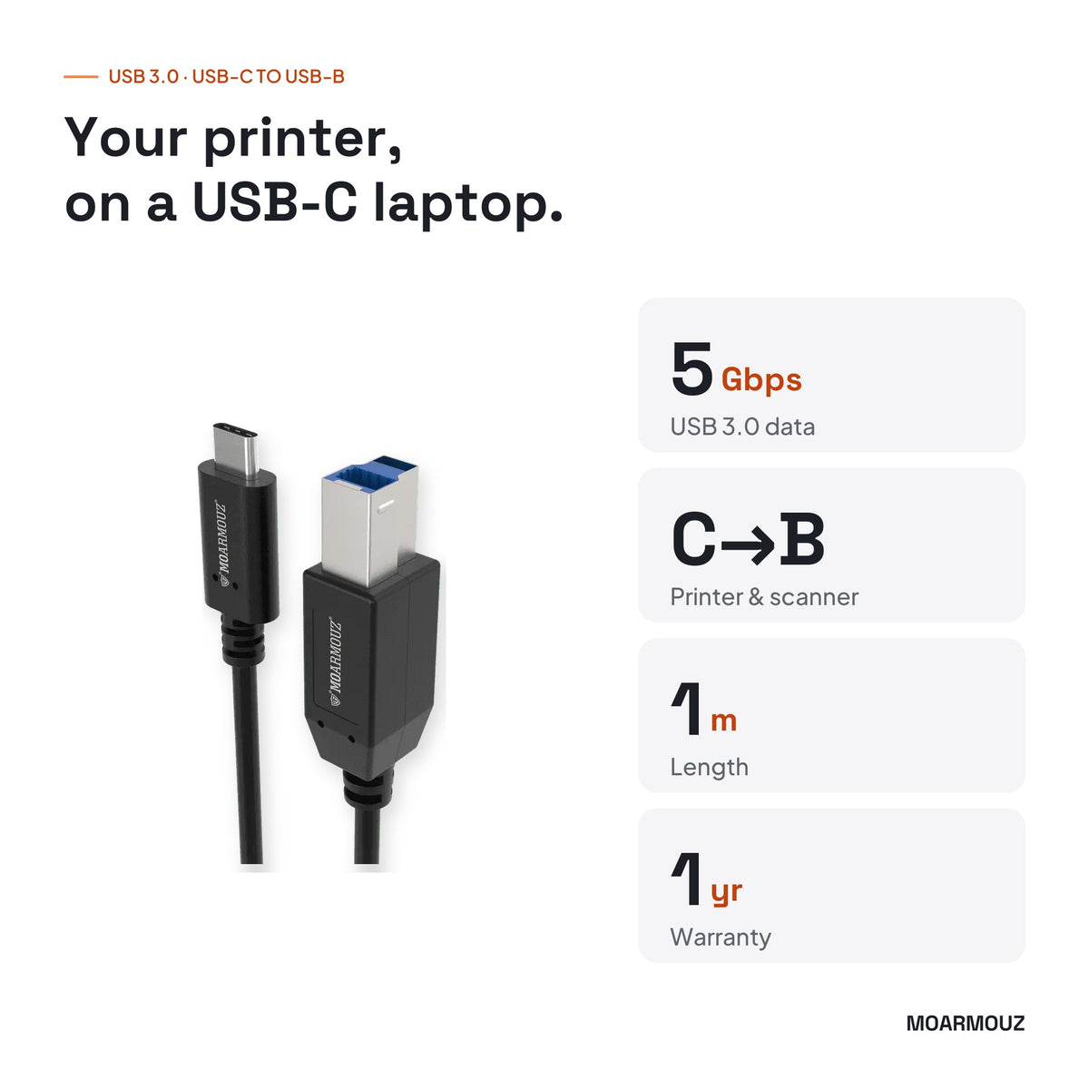 USB 3.1 Type-C to USB-B (3.0) Printer Cable: key specifications — Moarmouz