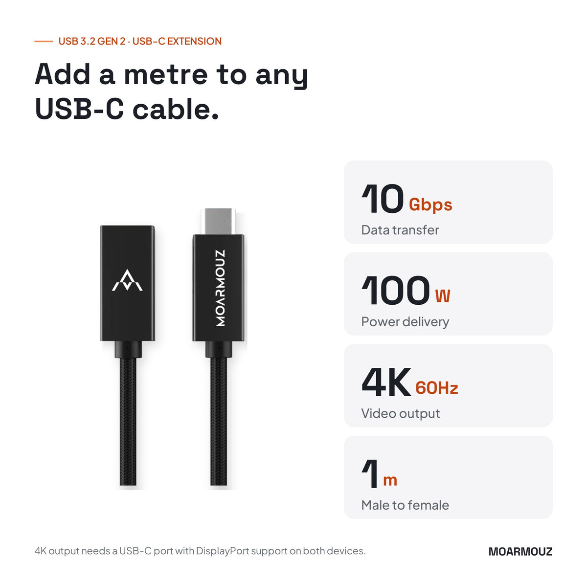 USB 3.2 Gen 2 USB-C extension cable: 10Gbps data, 100W power, 4K video — Moarmouz