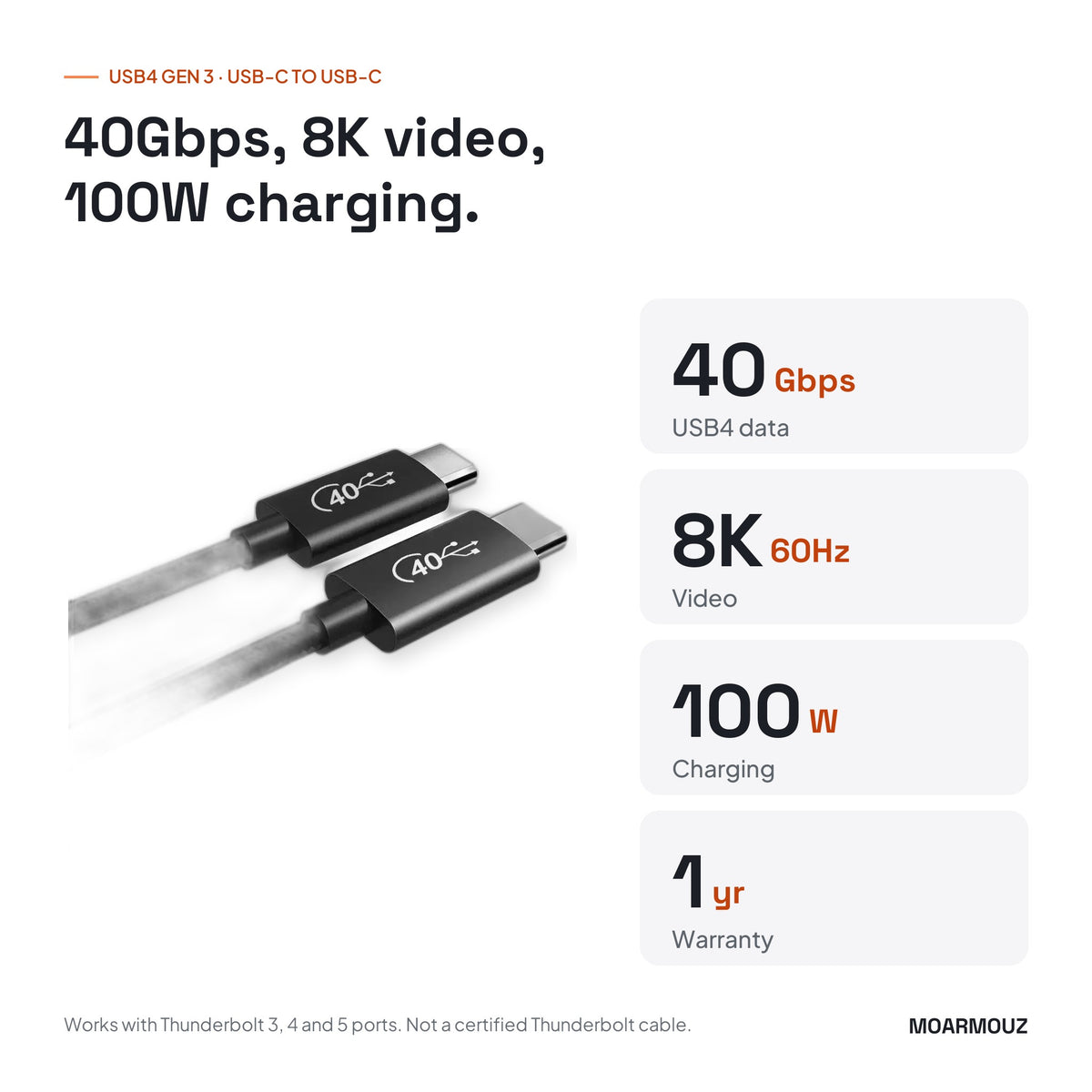 USB4 Gen3 USB-C Cable — 100W Charging, 8K Video, 40Gbps Data: key specifications — Moarmouz