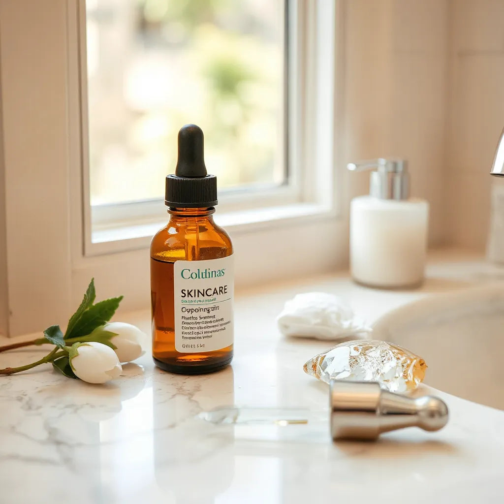 Anti-aging serum bottle and dropper on a clean countertop with soft natural light