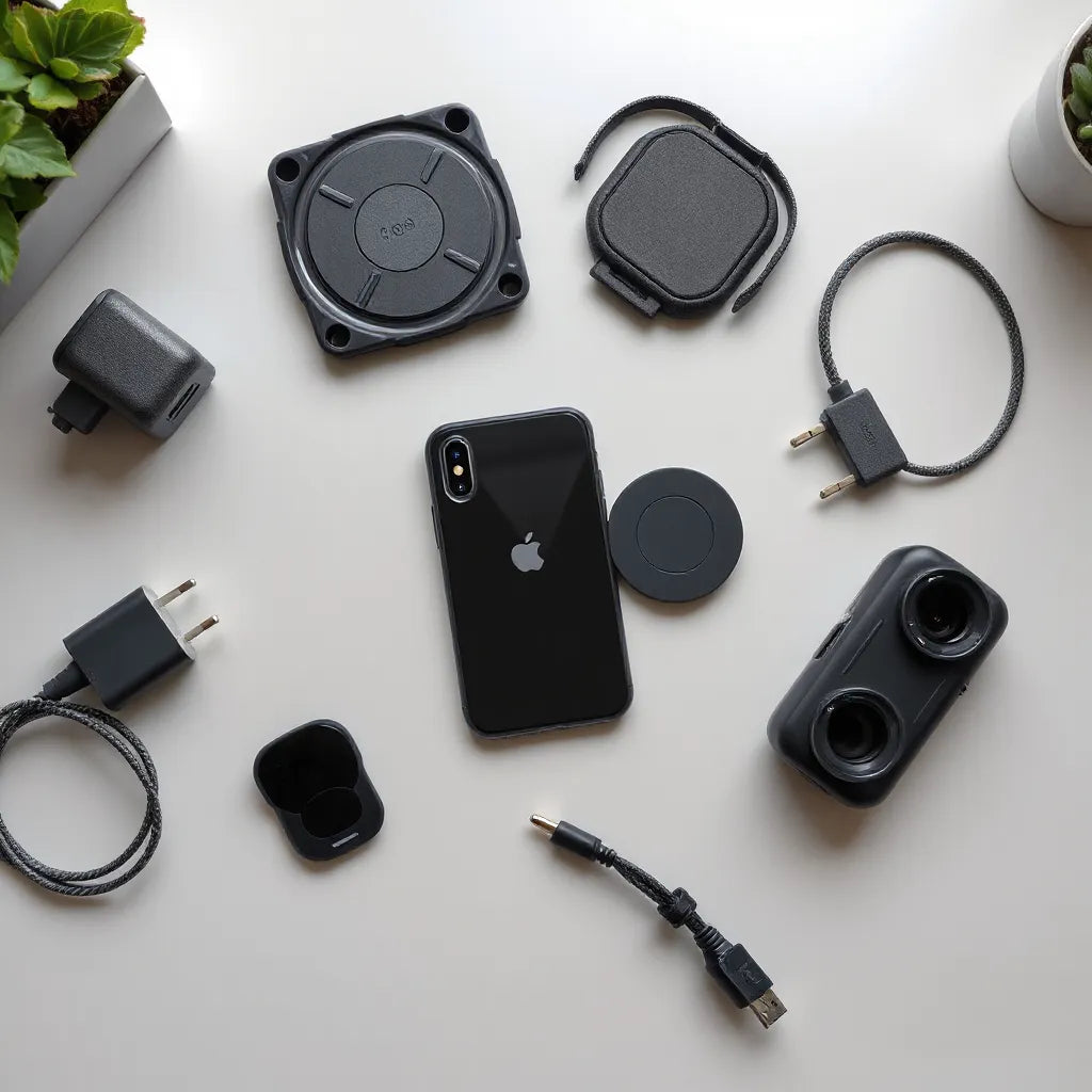 iPhone XS with essential accessories like a case, screen protector, charger, and cable on a neutral desk.