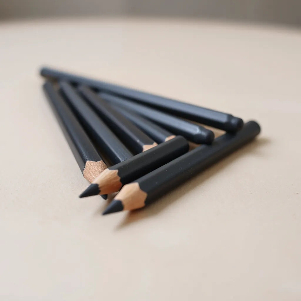 Close-up of matte finish pencil tips with graphite points on a clean neutral surface