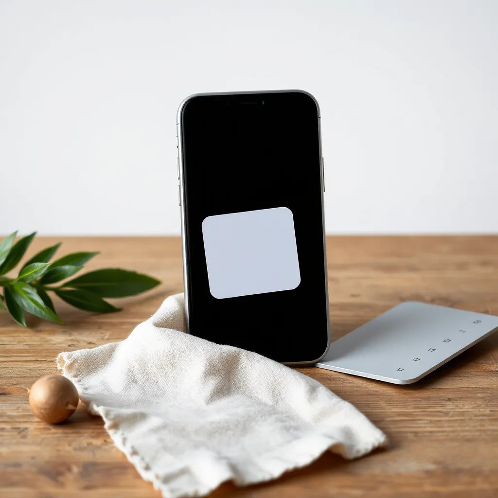 Smartphone with a privacy screen protector and microfiber cloth on a clean tabletop