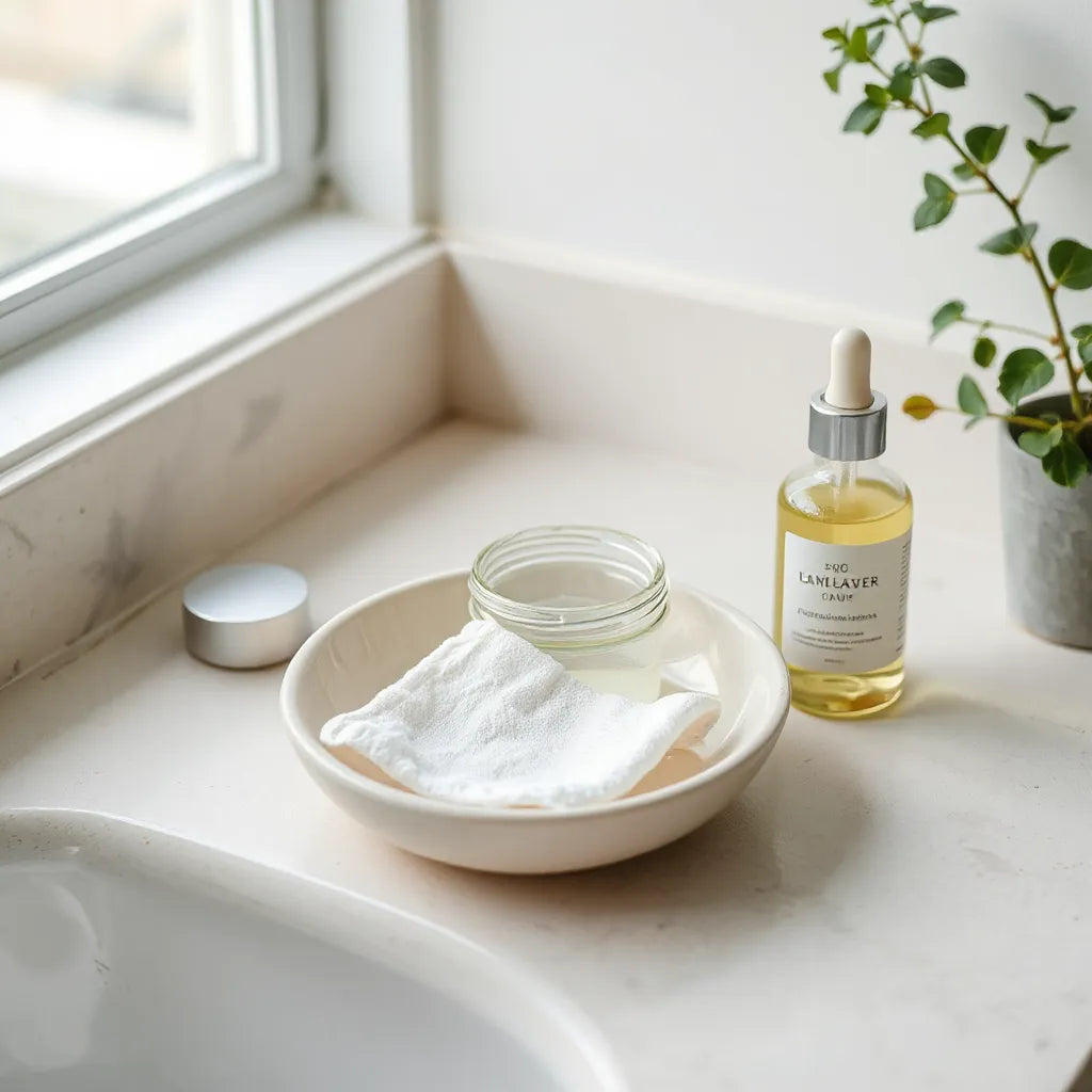 Eco-friendly makeup remover pads and natural cleanser on a clean vanity