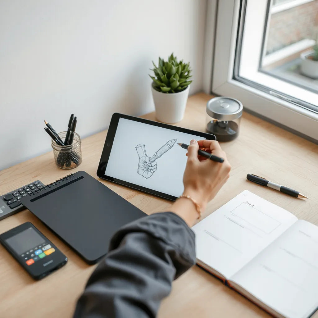 Artist hand sketching on a digital drawing tablet with stylus, notebook pages, and clean workspace lighting