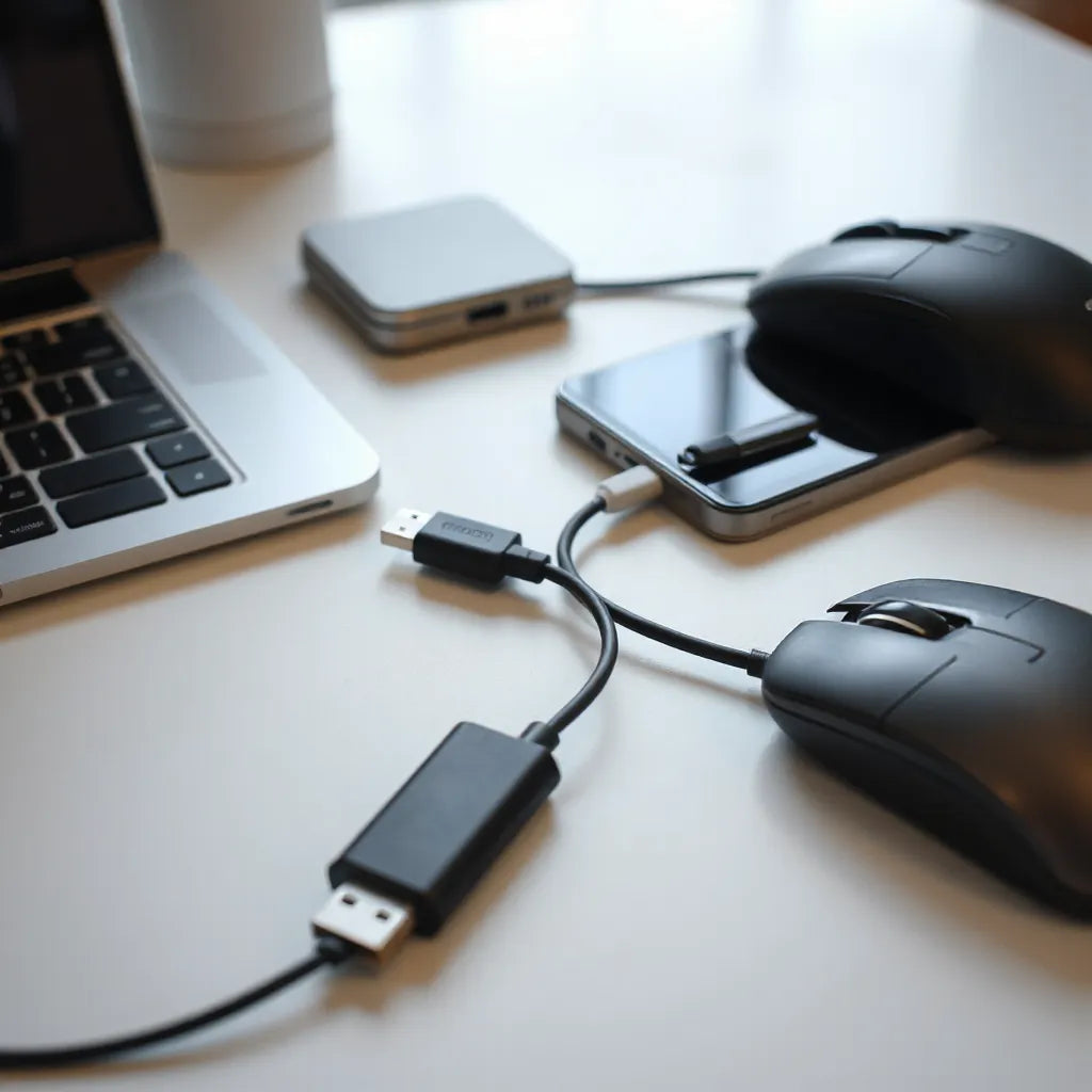 Smartphone connected to an OTG adapter with a USB flash drive and wireless mouse on a desk