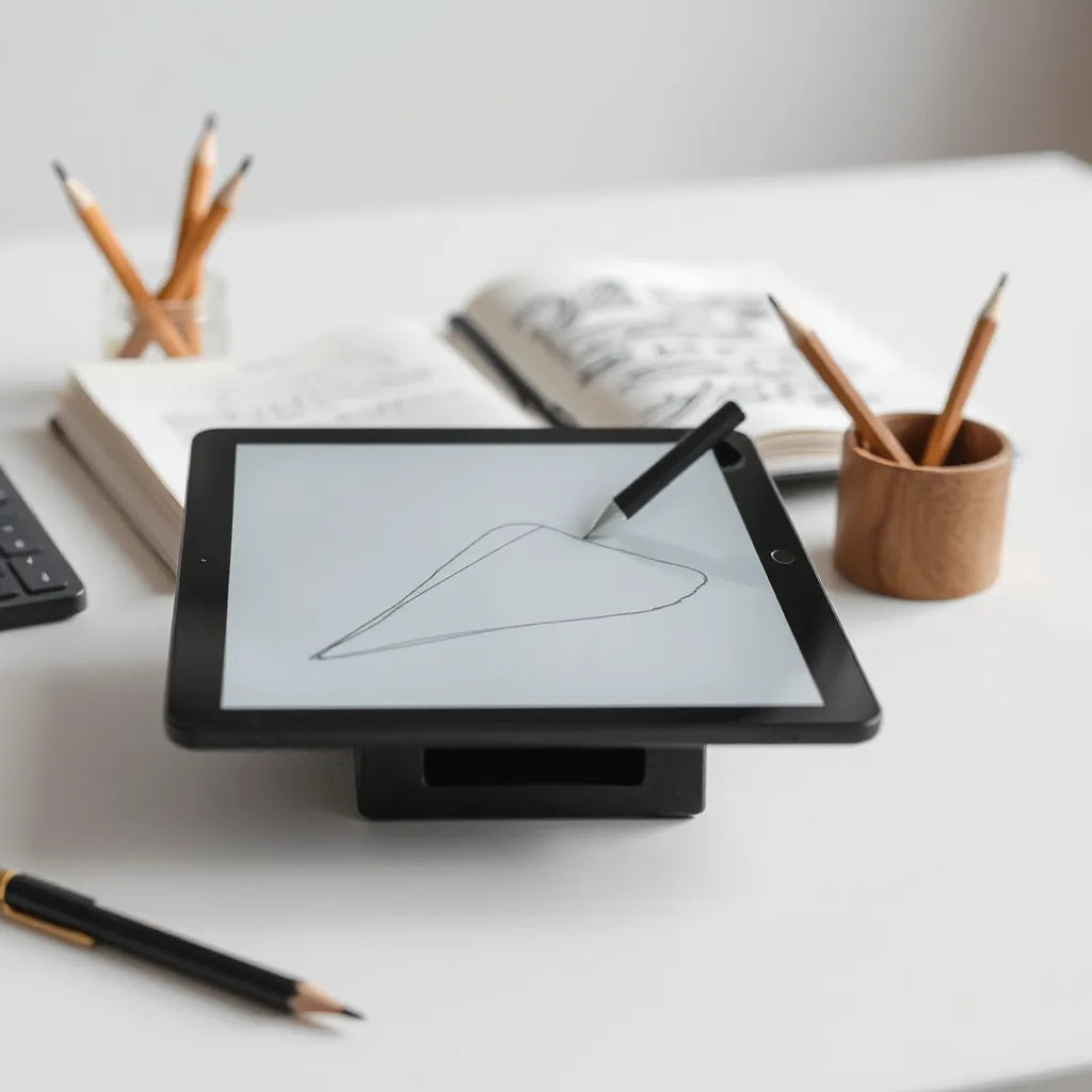 Stylus drawing clean sketch lines on a tablet with a minimal desk setup