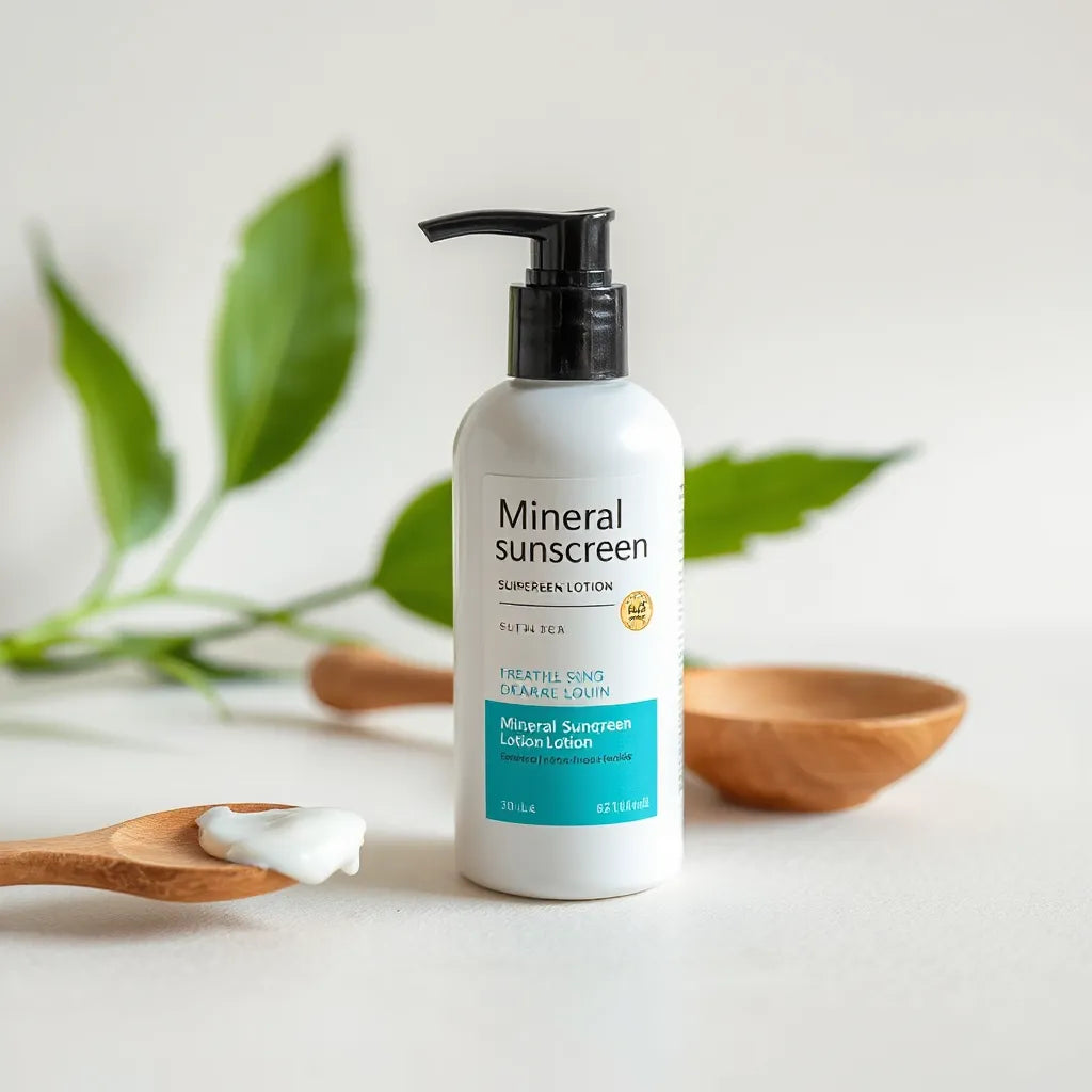Mineral sunscreen lotion bottle with a small swatch of lotion and sunlit skincare styling